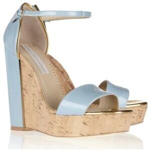 Women's Designer Stella McCartney D'Orsay Patent Cork Wedge, Sky size 36 Glam